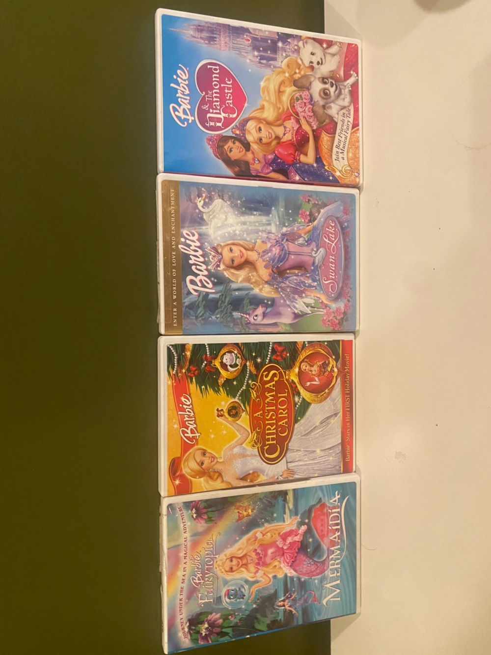 Barbie Swan Lake, Barbie Mermaidia,Barbie Christmas Carol, Barbie Diamond Castle